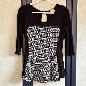 ModCloth 818 Brand Black + White Peplum 3/4 Sleeve Contrast Fabric Top, Size L